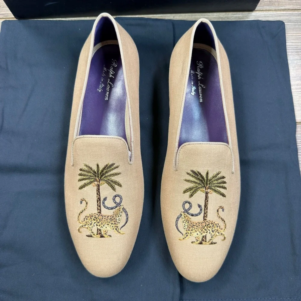Ralph Lauren Mens 10 Alonzo Palm Jaguar Loafers Khaki Linen Embroidered Like New